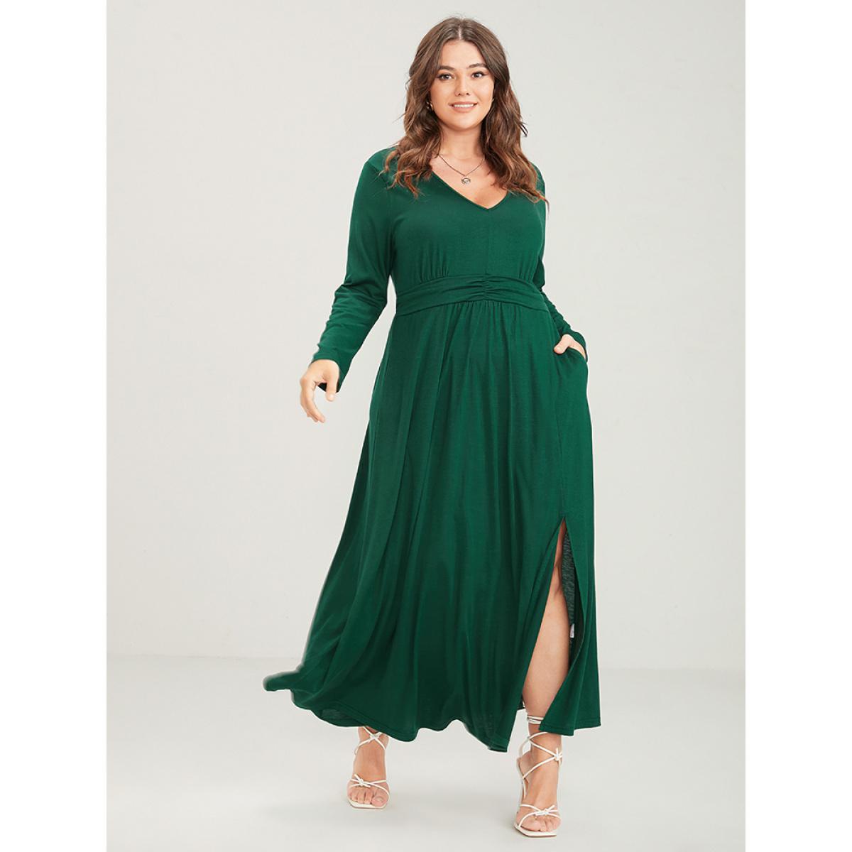 Plus Size Solid Deep V Neck Gathered Pocket Split Maxi Dress Green Women Elegant Pocket Deep V-neck Long Sleeve Curvy Long Dress BloomChic 14-16/1X Product Image