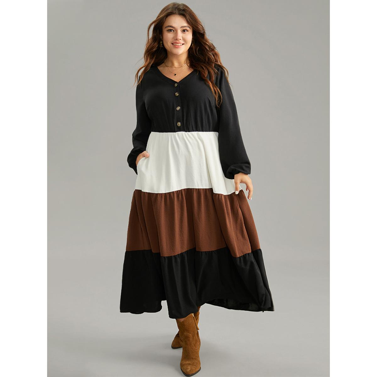 Plus Size Colorblock Patchwork Lantern Sleeve Button Detail Dress Black Women Elegant Elastic cuffs V-neck Long Sleeve Curvy Midi Dress BloomChic 14-16/1X Product Image