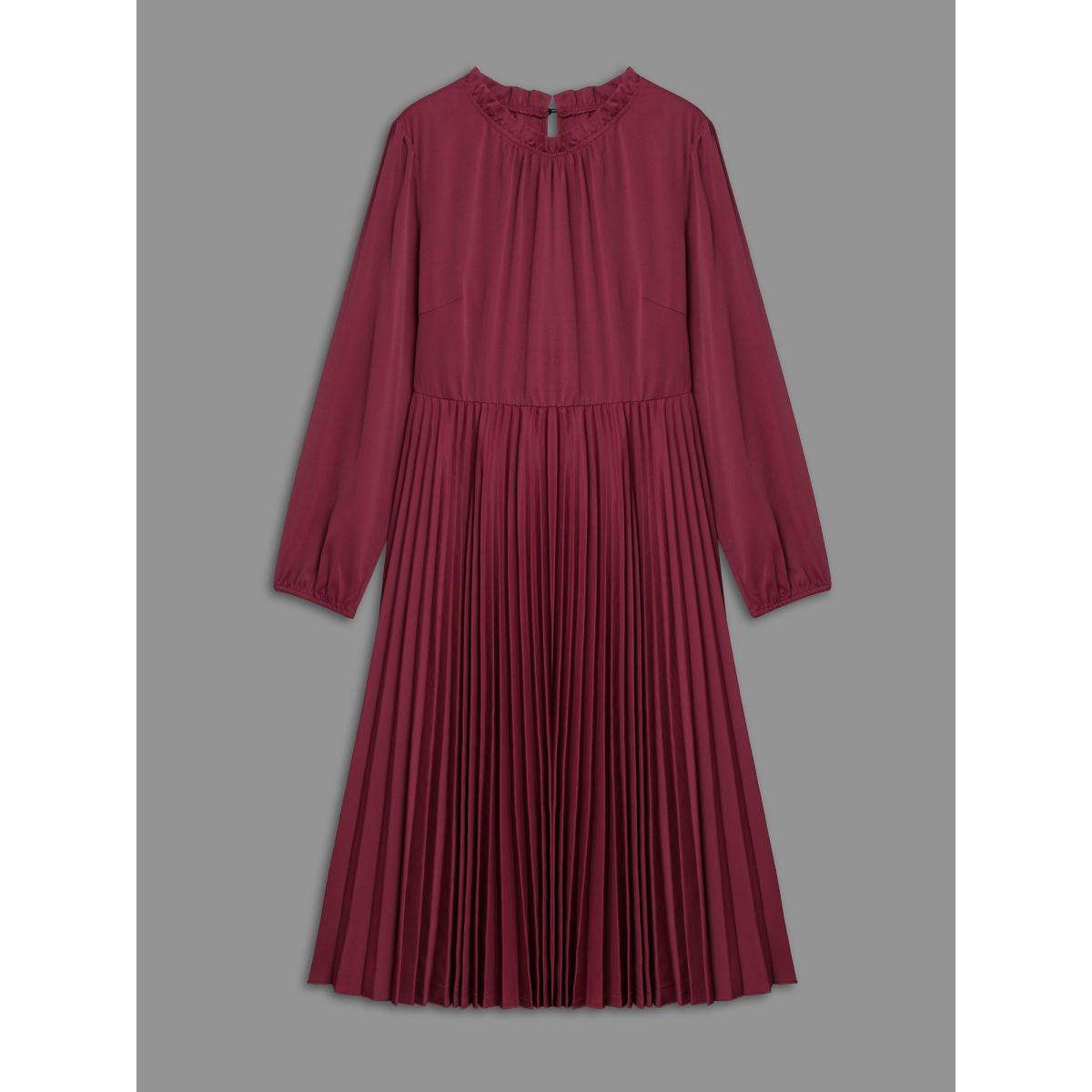 Plus Size Mock Neck Frill Trim Pleated Dress Burgundy Women At the Office Gathered Mock Neck Long Sleeve Curvy BloomChic 26/4X Product Image