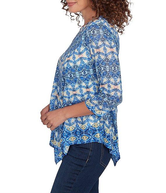 Ruby Rd. Knit Embellished Crew Neck 3/4 Sleeve Asymmetrical Hem Top Product Image