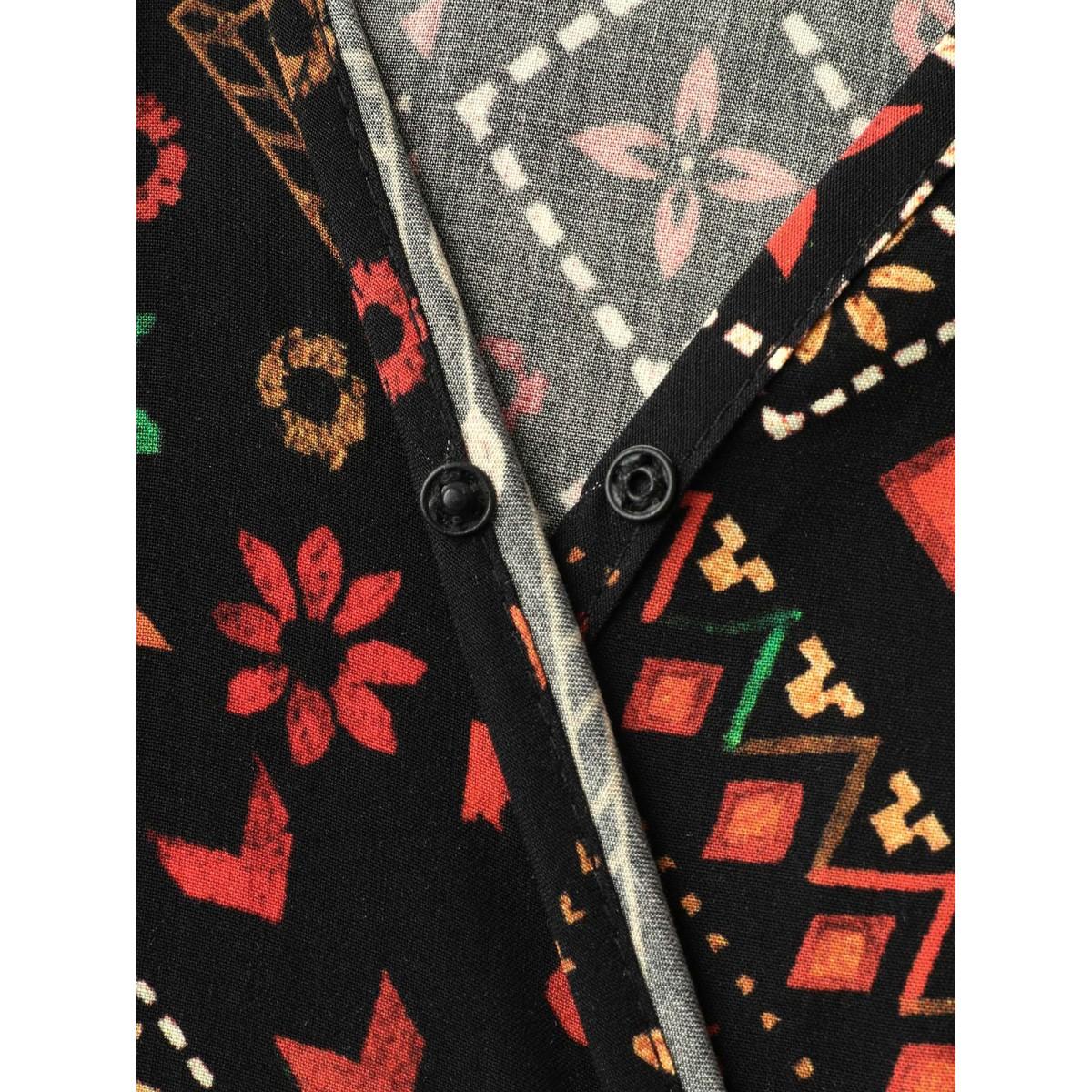 Plus Size Supersoft Shirred Boho Collage Midi Dress Multicolor Women Boho Overlapping Overlap Collar Extra Long Sleeve Curvy BloomChic 28/5X Product Image