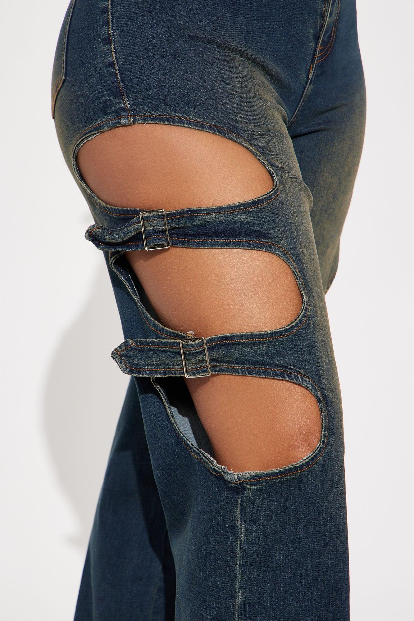 Setting The Tone Tinted Stretch Buckle Cutout Jeans - Dark Wash Product Image