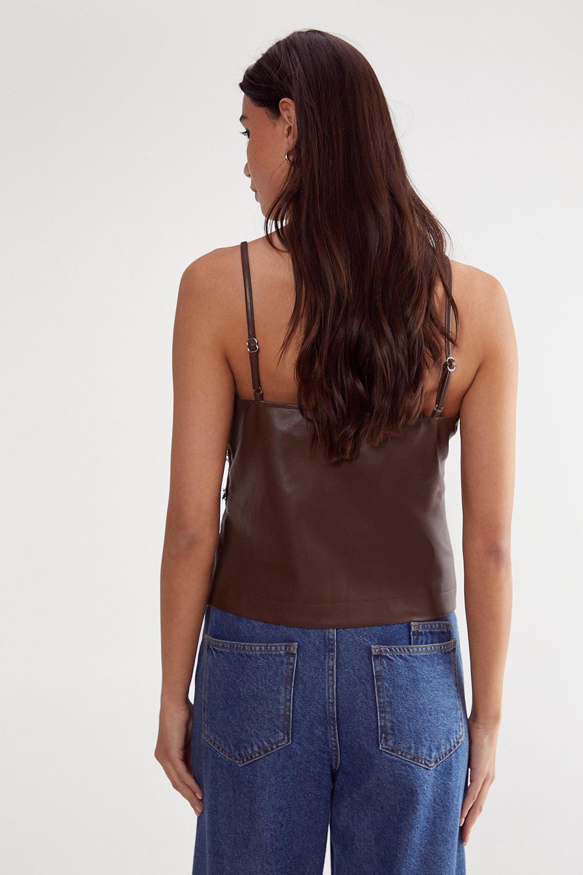 Eyelash Lace Trim Detail Faux Leather Cami Top Product Image