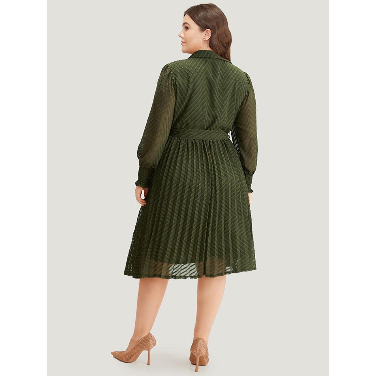 Plus Size Shirred Belted Pocket Shirt Collar Button Through Dress ArmyGreen Women Office Elastic cuffs Shirt collar Long Sleeve Curvy Midi Dress BloomChic 18-20/2X Product Image