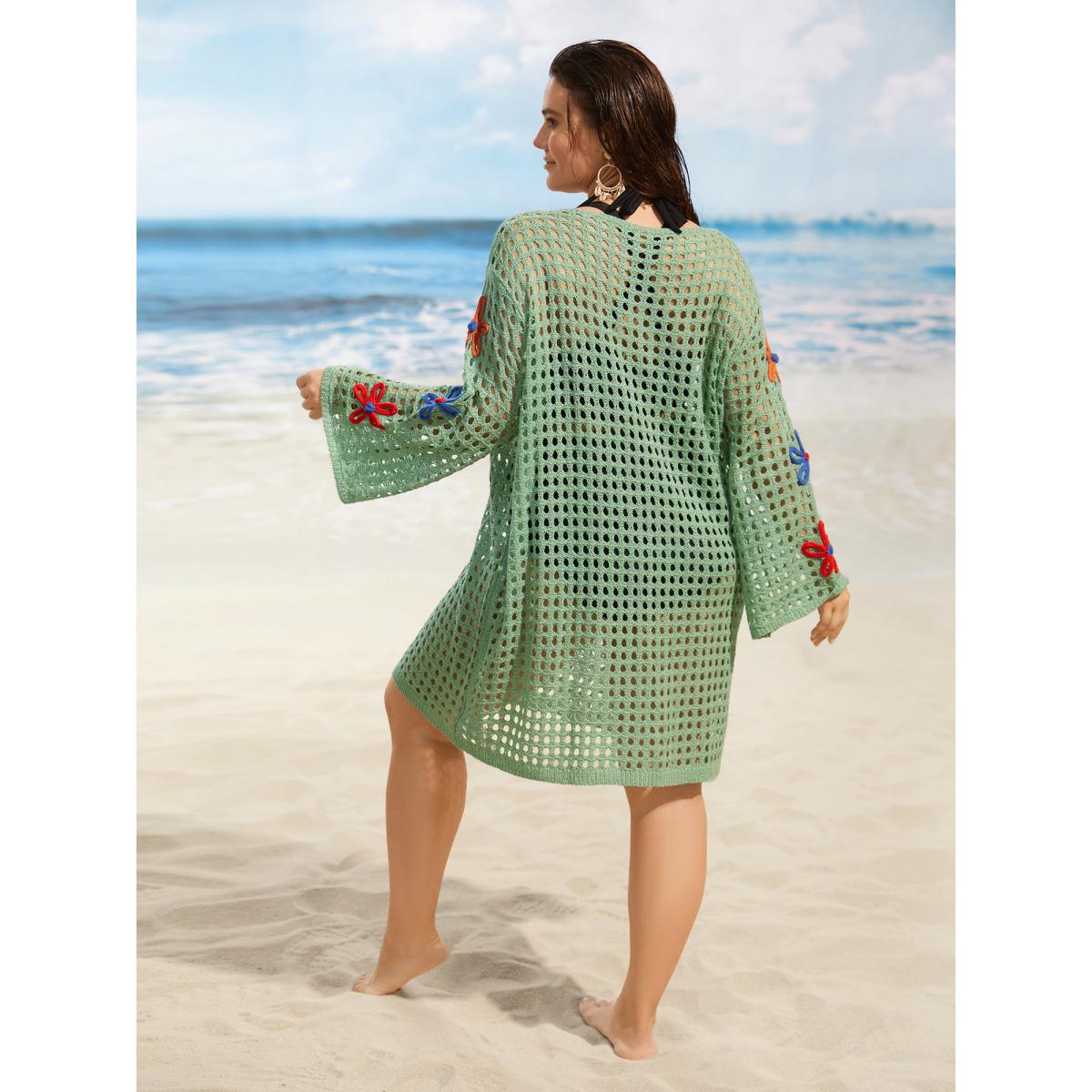 Plus Size Boat Neck Crochet Floral Cut Out Swim Cover Up Women's Swimwear Mint Beach Loose Crochet Curve Swim Cover Ups BloomChic 14-16/1X Product Image