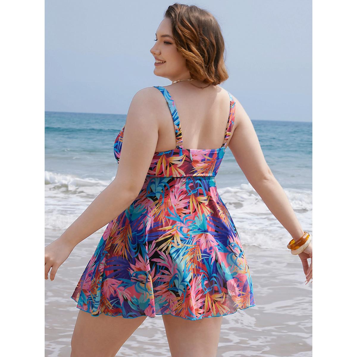 Plus Size Tropical Print Ruffles Split Front Swim Dress Women's Swimwear Multicolor Vacation Bodycon Round Neck High stretch Curve Swim Dresses BloomChic 22-24/3X Product Image