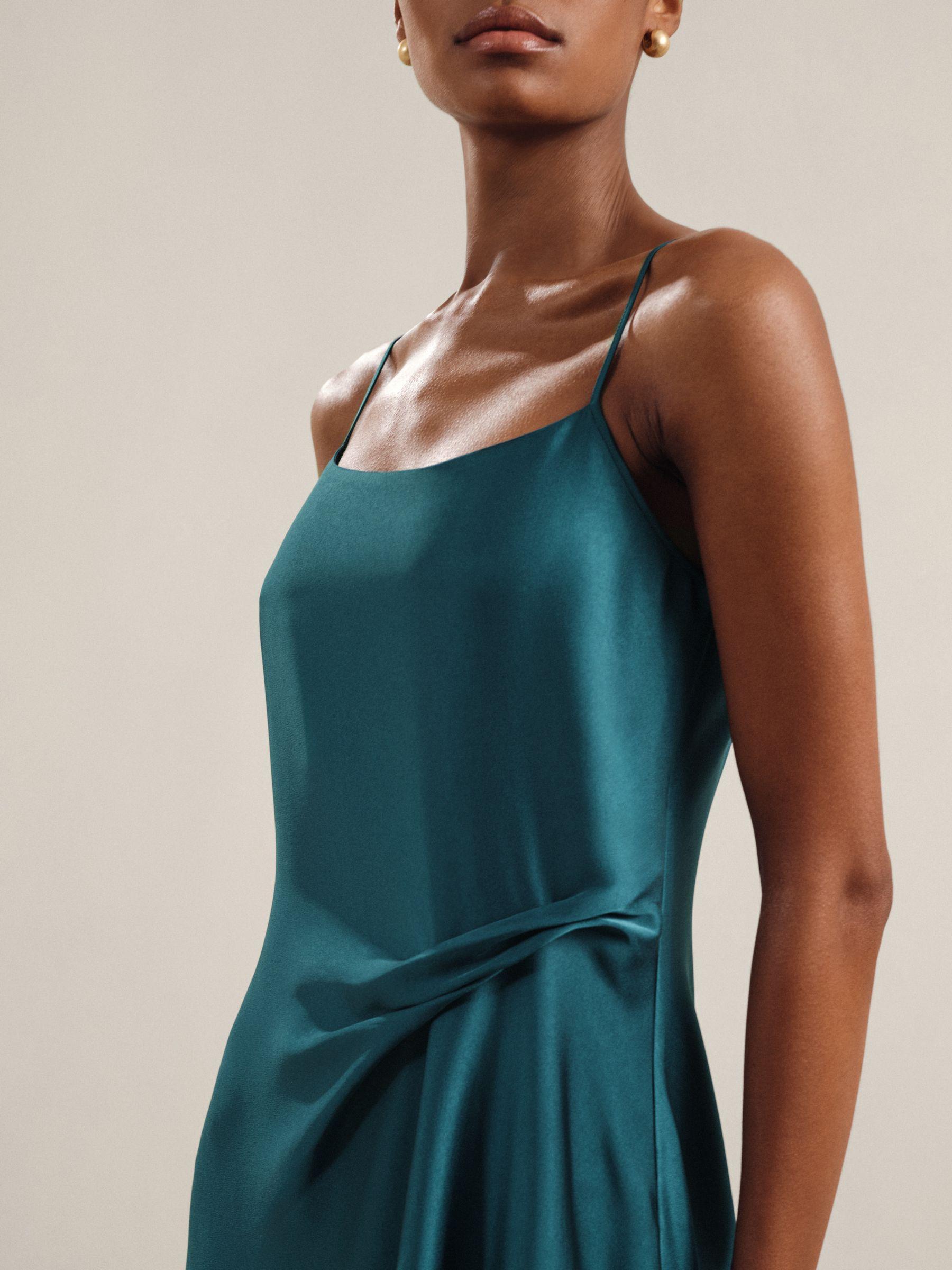 Petite Satin Drape-Detail Slip Dress in Teal Product Image