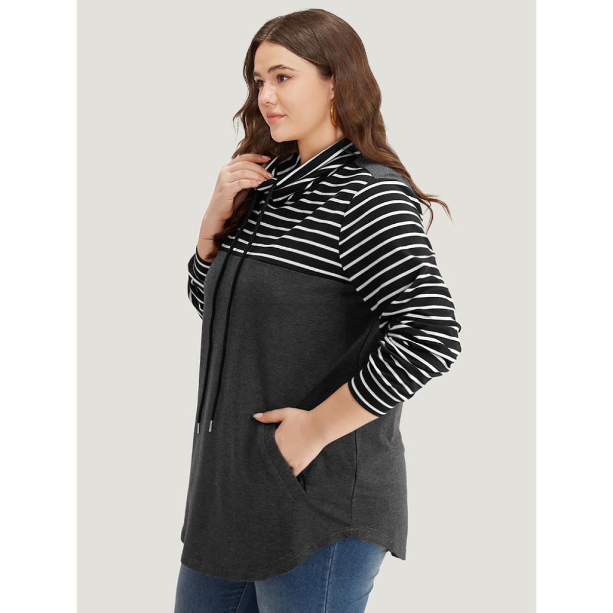 Plus Size Mock Neck Striped Patchwork Drawstring Sweatshirt Women Indigo Casual Contrast Mock Neck Everyday Sweatshirts BloomChic 22-24/3X Product Image