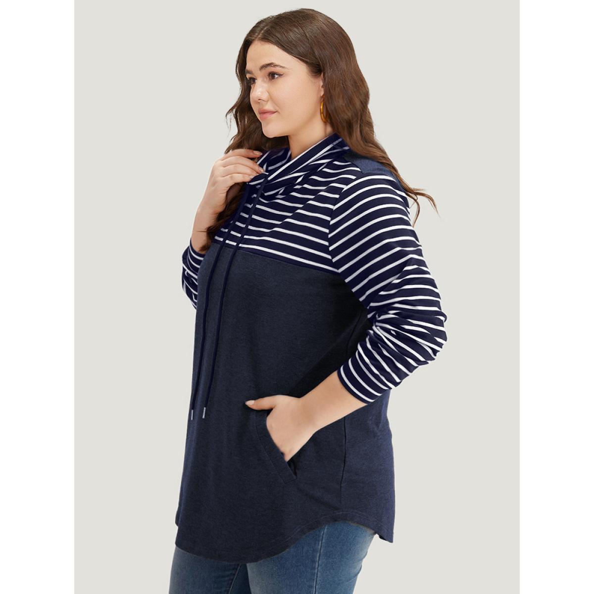 Plus Size Mock Neck Striped Patchwork Drawstring Sweatshirt Women Indigo Casual Contrast Mock Neck Everyday Sweatshirts BloomChic 22-24/3X Product Image