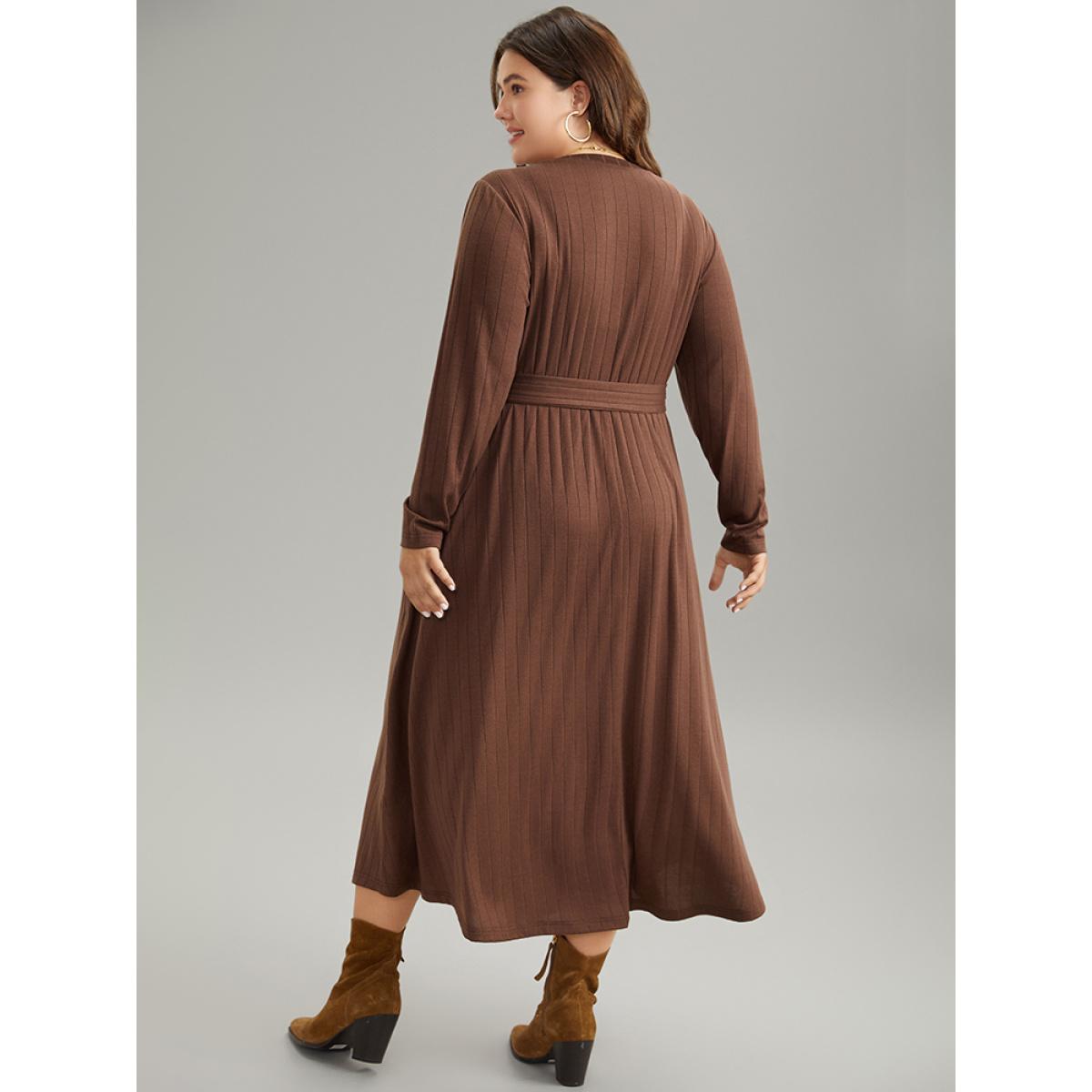 Plus Size Plain Rib Knit Belted Pocket Dress DarkBrown Women Elegant Plain Round Neck Long Sleeve Curvy Midi Dress BloomChic 14-16/1X Product Image