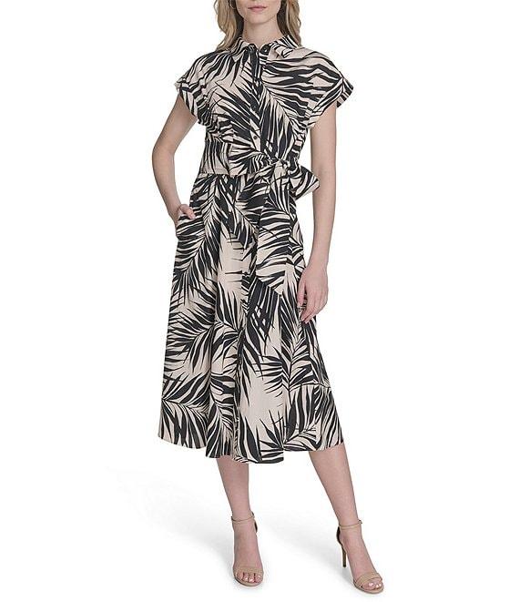 Vince Camuto Printed Woven Point Collar Cap Sleeve Midi Shirt Dress Product Image