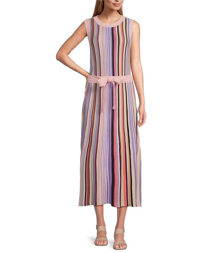 MISOOK Ribbed Knit Crew Neck Sleeveless Belted Midi Dress Product Image