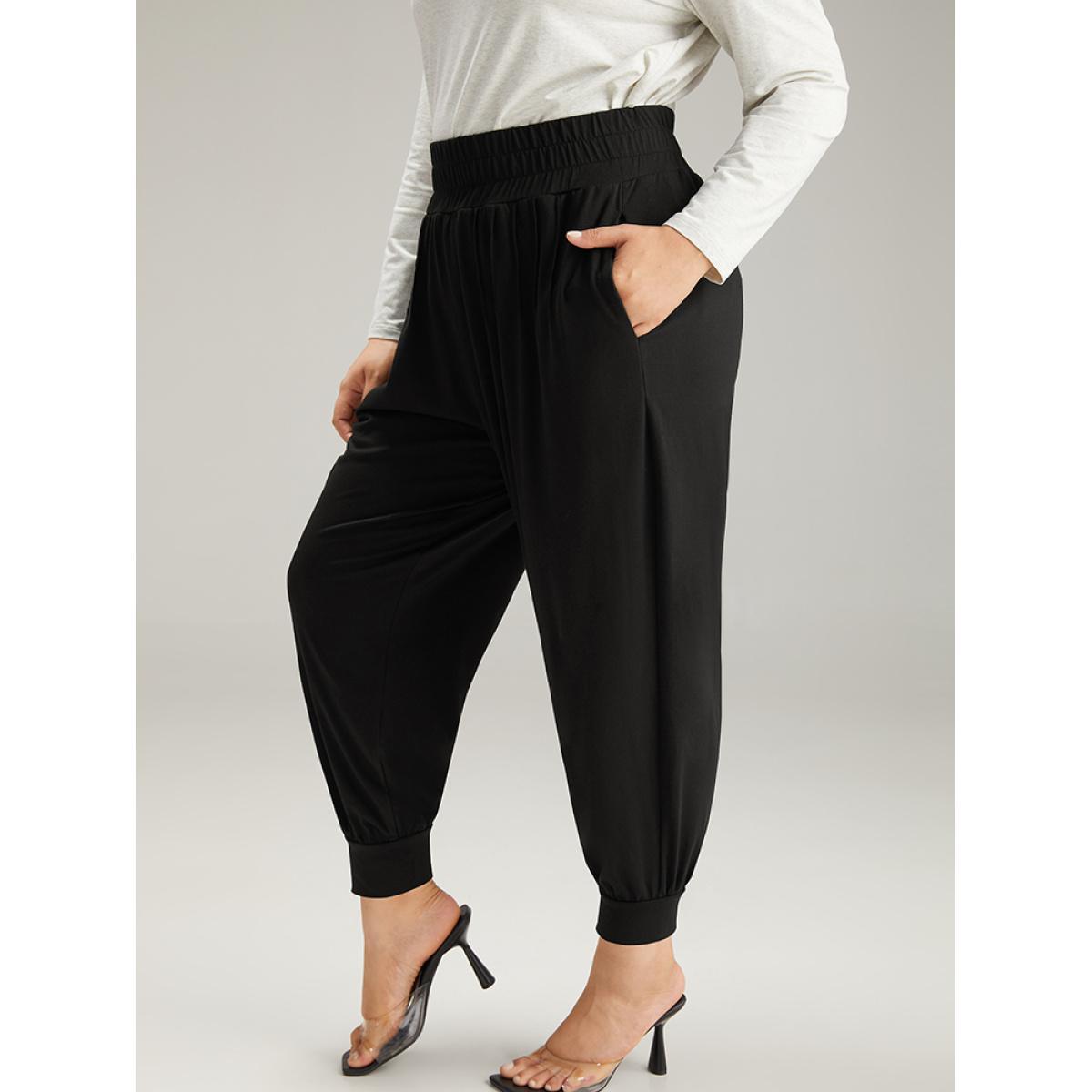 Solid Shirred Pocket Harem Sweatpants Black Plus Size Women Casual Dailywear Tummy control 18-20/2X Bloomchic Product Image