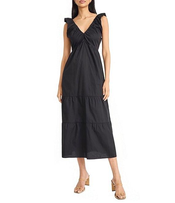 The Good Journey Ruffle V-Neck Smocked Back Tiered Cotton Poplin Midi Dress Product Image