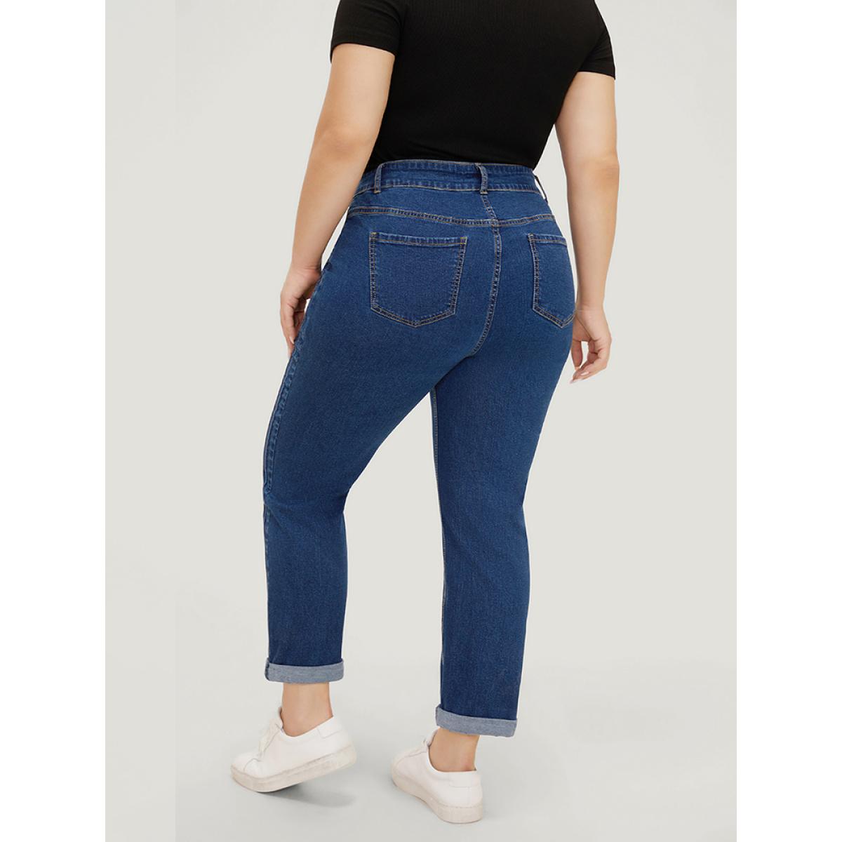 Plus Size Very Stretchy High Rise Medium Wash Pleated Detail Jeans Women DarkBlue Casual Plain Roll Hem High stretch Pocket Jeans BloomChic 28/5X Product Image