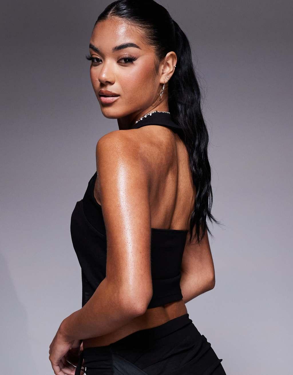 ASOS DESIGN premium ponte halter neck top in black Product Image