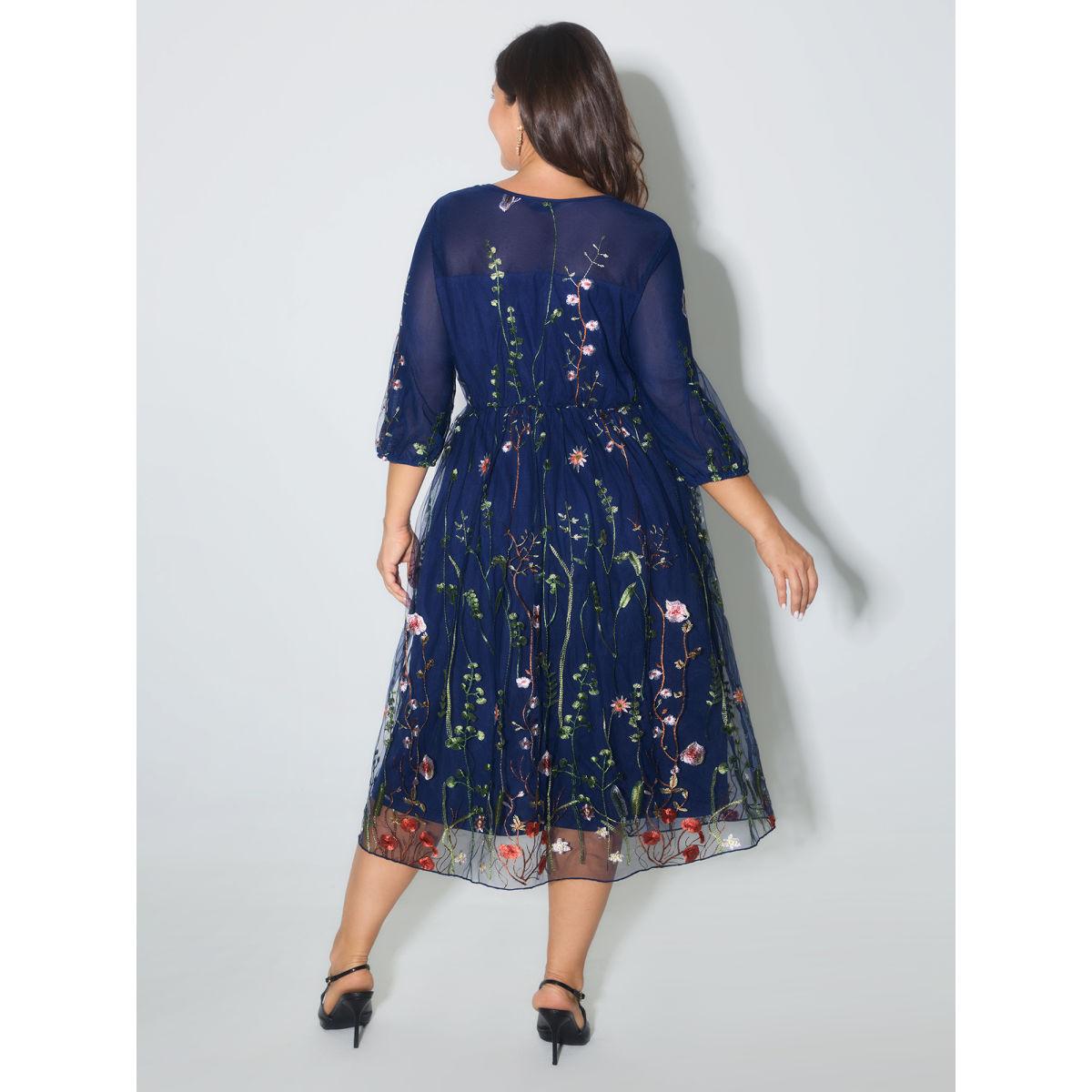 Plus Size Floral Embroidered Elastic Waist Lined Midi Dress Navy Women Formal Texture Party Curvy Bloomchic 18-20/2X Product Image