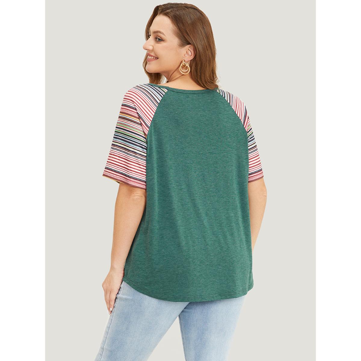 Plus Size Supersoft Essentials Striped Contrast Raglan Sleeve Curved Hem T-shirt DarkGreen Women Casual Contrast Plain Round Neck Everyday T-shirts BloomChic 30/6X Product Image