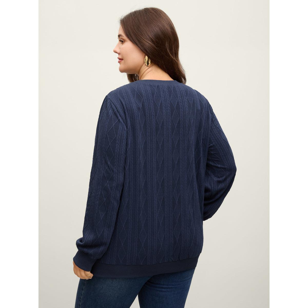 Plus Size Shoulder Button Textured Solid Sweatshirt Women Navy Office Round Neck Office Sweatshirts BloomChic 14-16/1X Product Image