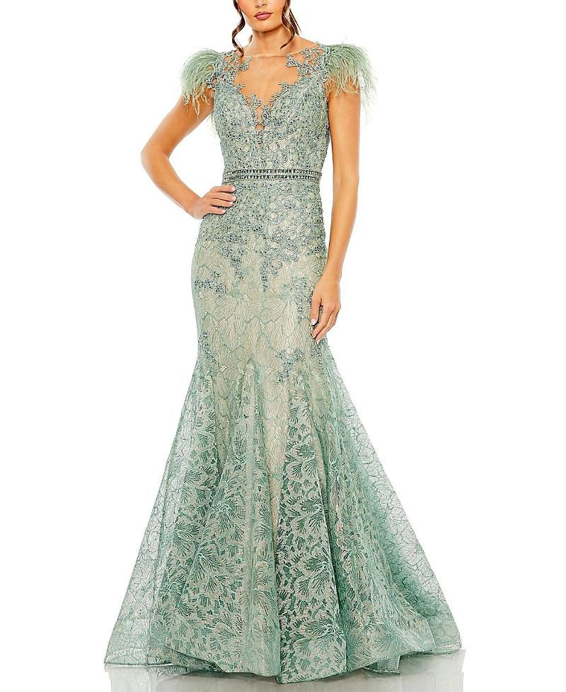 Mac Duggal Embellished Feather Cap Sleeve Illusion Neck Trumpet Gown Product Image