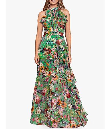 Betsy  Adam Halter Neck Sleeveless Ruffle Front Floral Chiffon Maxi Dress Product Image