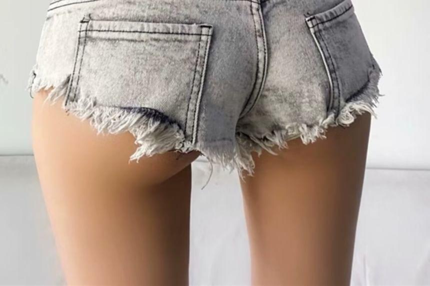 Low Rise Washed Frayed Denim Hot Pants Product Image