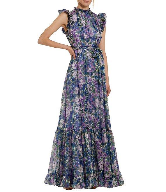 Mac Duggal Mock Neck Ruffle Shoulder Floral Printed Chiffon Maxi Dress Product Image