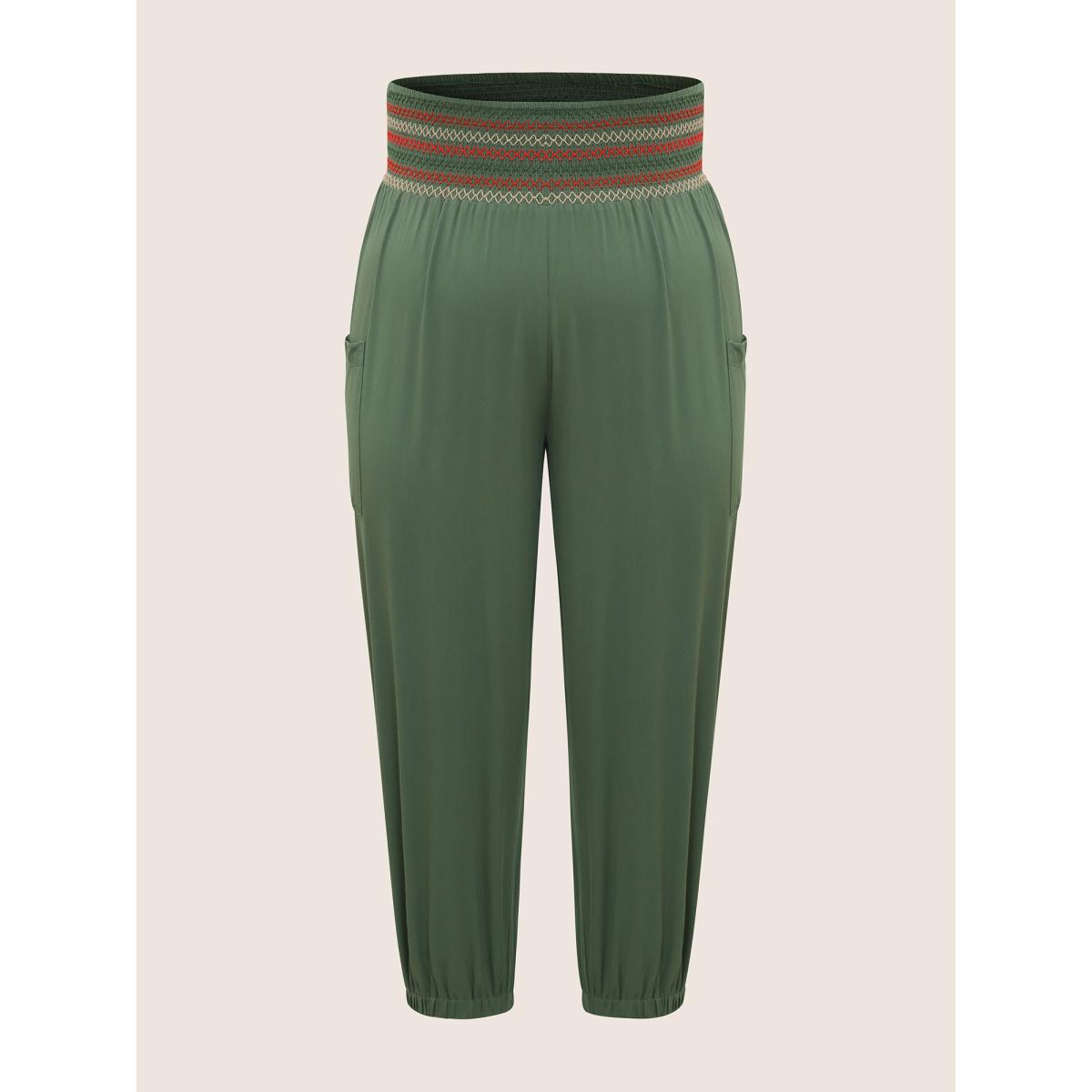 Plus Size Mid Rise Shirred Tapered Leg Pants Women ArmyGreen Resort Mid Rise Vacation Pants BloomChic 12/L Product Image