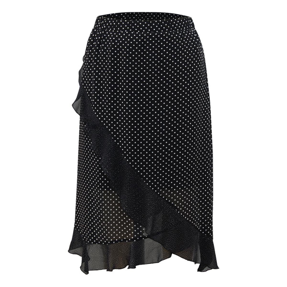Plus Size Polka Dot Ruffles Elastic Waist Mesh Patchwork Skirt Women Black Elegant See through No stretch Dailywear Skirts BloomChic 22-24/3X Product Image