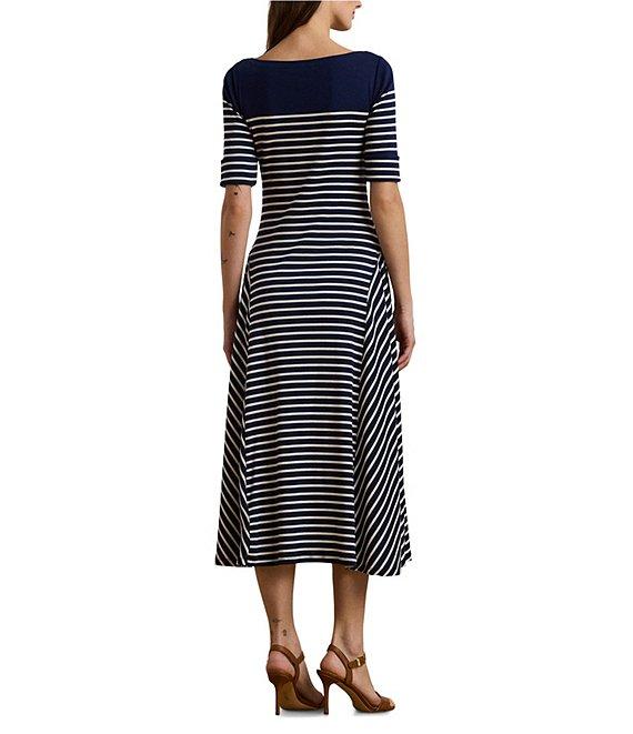 Lauren Ralph Lauren Stripe Print Knit Boat Neck Elbow Length Sleeve Side Panel Fit & Flare Midi Dress Product Image