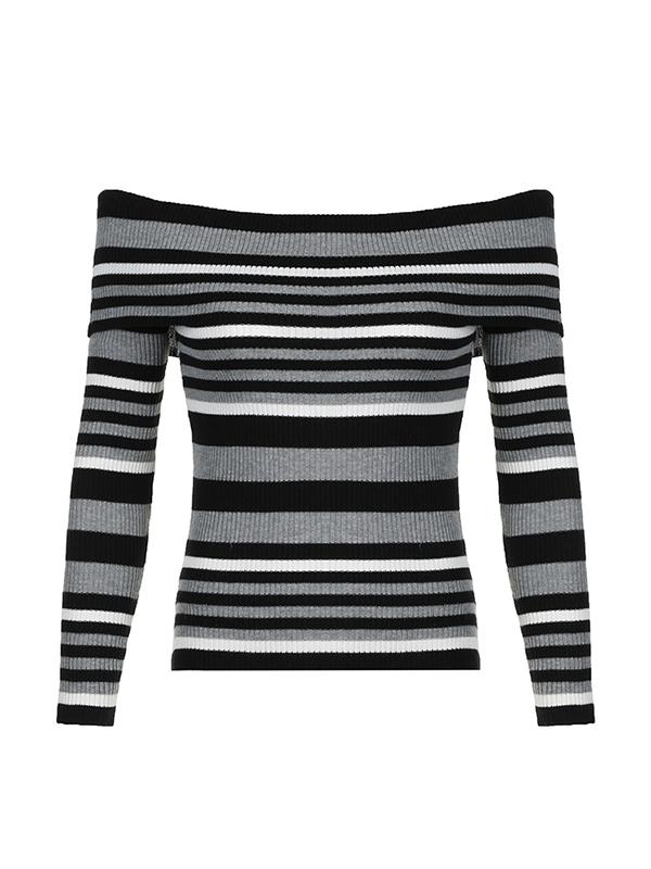 Contrast Color Striped Off Shoulder Slim Sweater Product Image