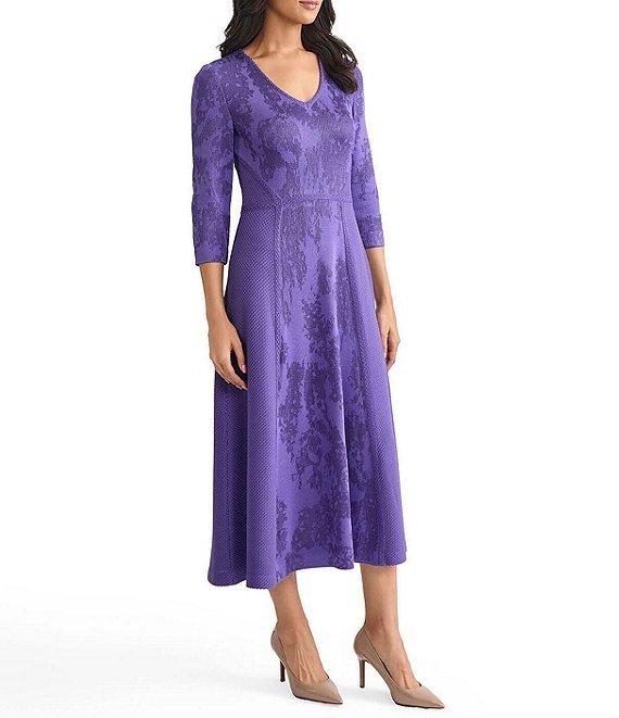 MISOOK Knit Jacquard V-Neck 3/4 Sleeve A-Line Tonal Dress Product Image