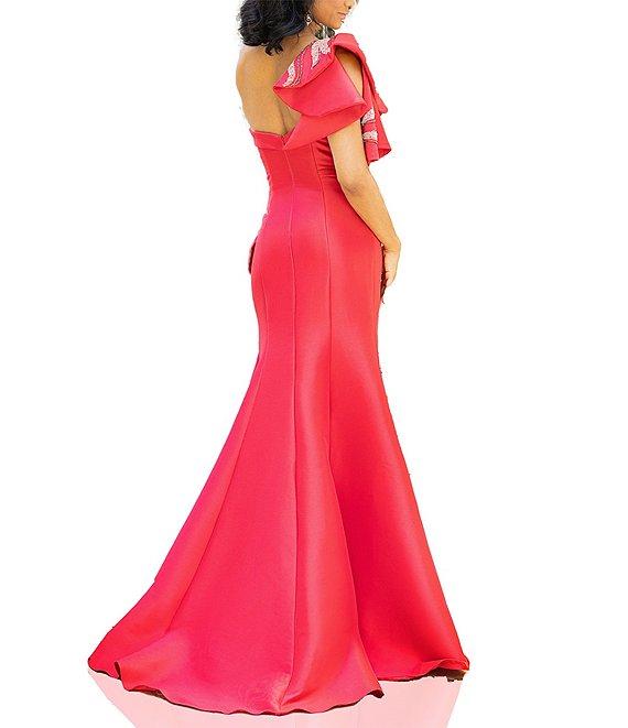 Terani Couture Mikado One Shoulder Ruffle Sleeve Sequin Applique Gathered Side Slit Gown Product Image