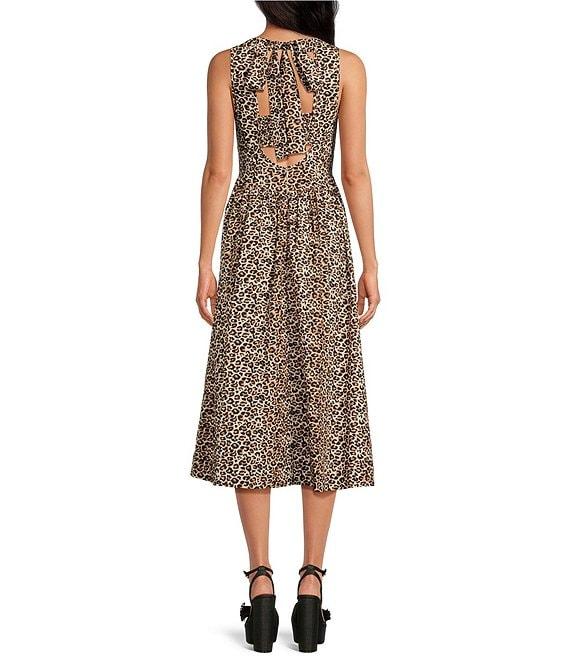 Skies Are Blue Leopard Print Poplin Crew Neck Sleeveless Drop Waist Midi Dress Product Image