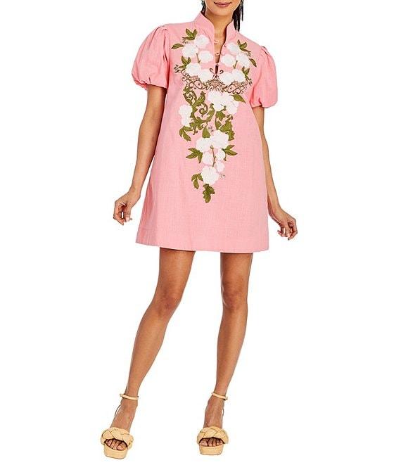 Mestiza New York Elliana Floral Embroidered Mandarin Collar Button Front Short Puff Sleeve Dress Product Image