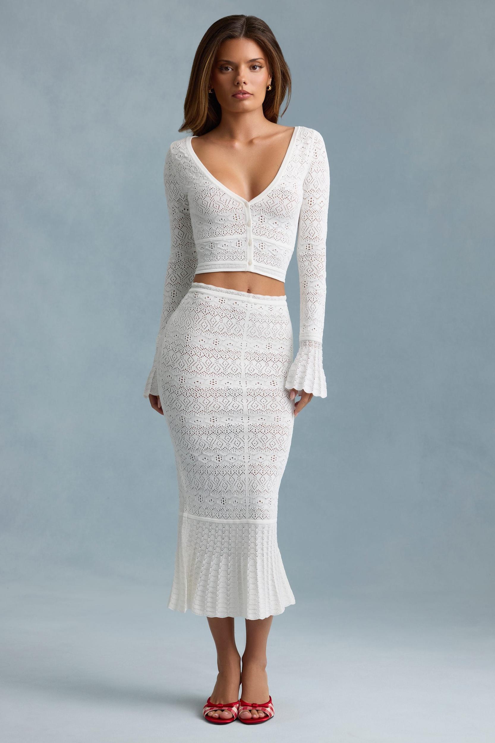 Ruffle-Trim Pointelle-Knit Midaxi Skirt in White Product Image