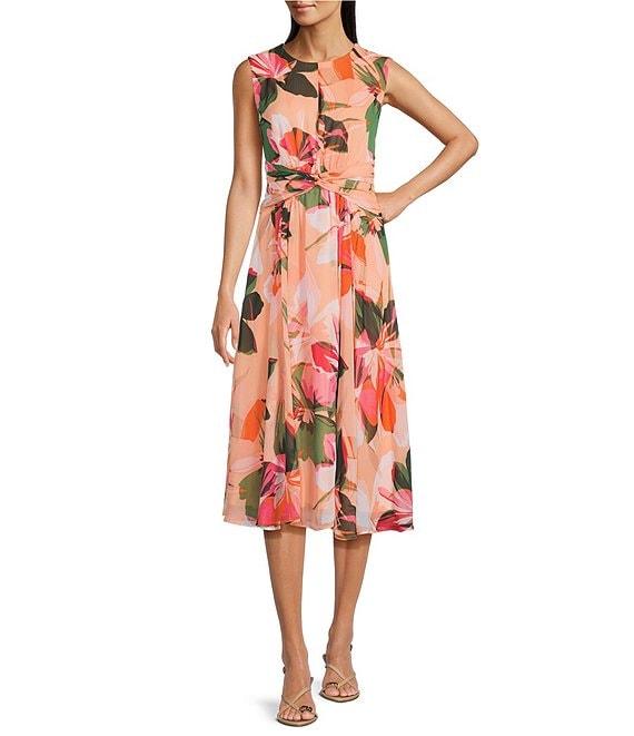 Calvin Klein Sleeveless Chiffon Crew Neck Floral Print A-Line Midi Dress Product Image