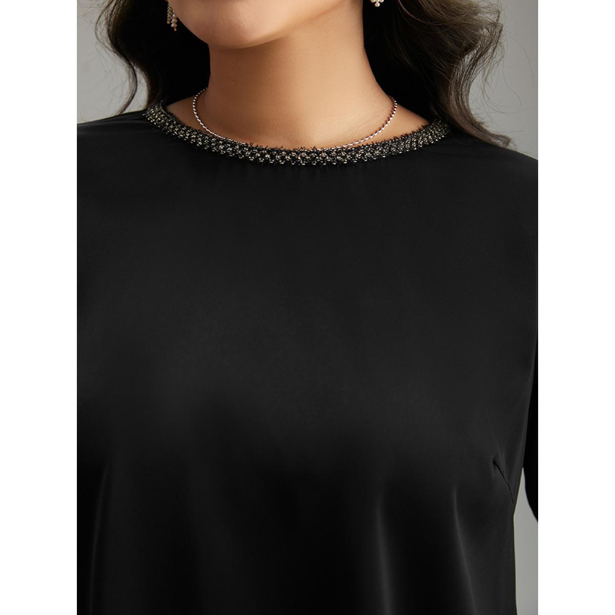 Plus Size Black Plain Contrast Webbing Crew Neck Blouse Women Office Long Sleeve Round Neck Office Blouses BloomChic 26/4X Product Image