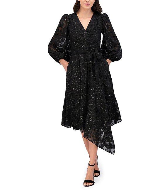 Eliza J Clip Chiffon V-Neck Long Balloon Sleeve Tie Waist Midi Dress Product Image