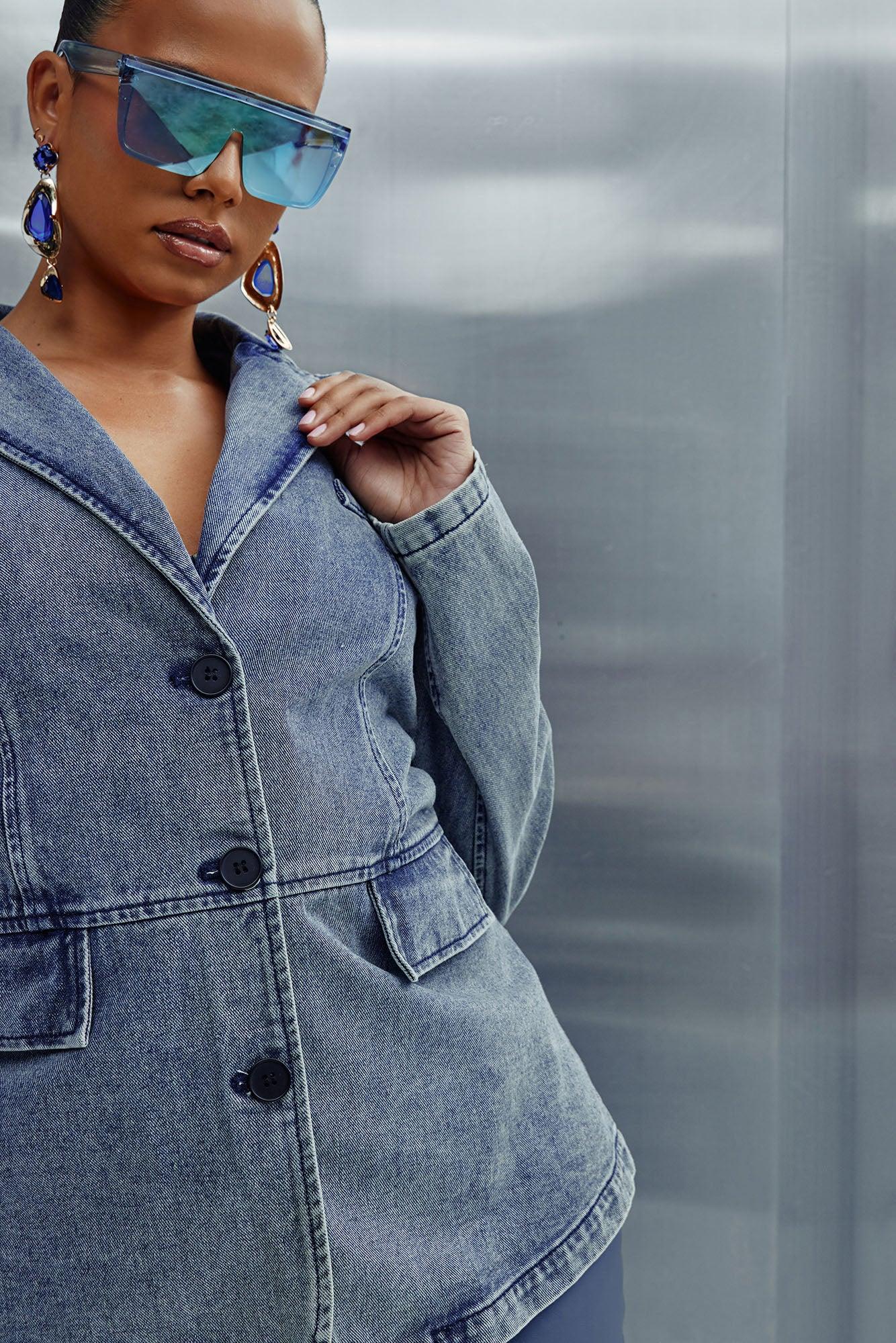 Got Your Mind Racing Denim Blazer - Grey Female Product Image