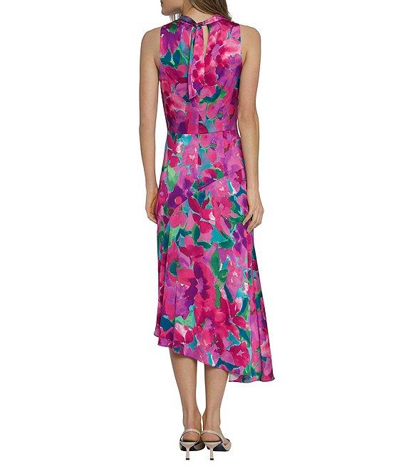 Maggy London Charmeuse Floral Cowl Mock Neck Sleeveless Asymmetrical Hem Midi Dress Product Image
