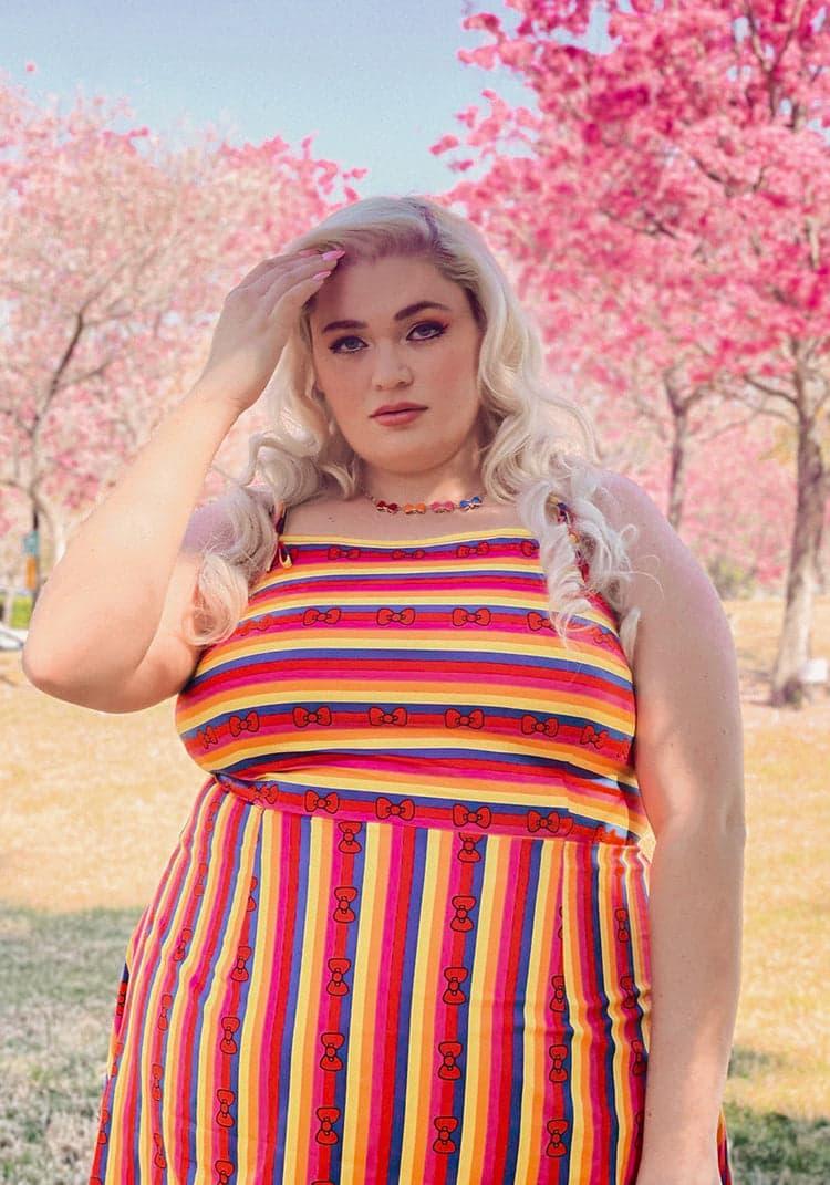 ModCloth x Hello Kitty Red Bows and Rainbows Fit and Flare Dress Product Image