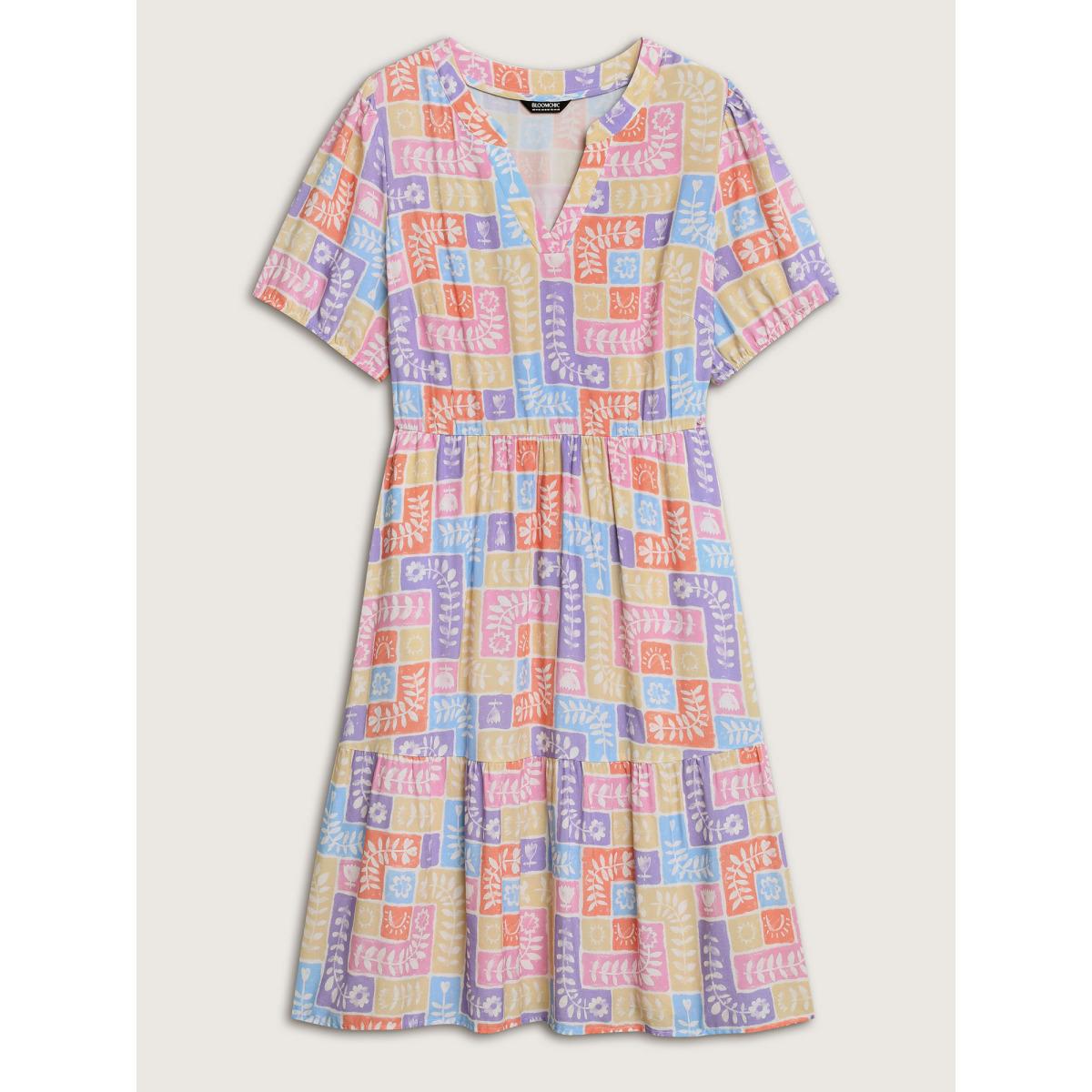 Plus Size Rayon Floral Collage Stretchy Waist Midi Dress Multicolor Women Flat collar with V-notch Short sleeve Curvy BloomChic 10/M Product Image