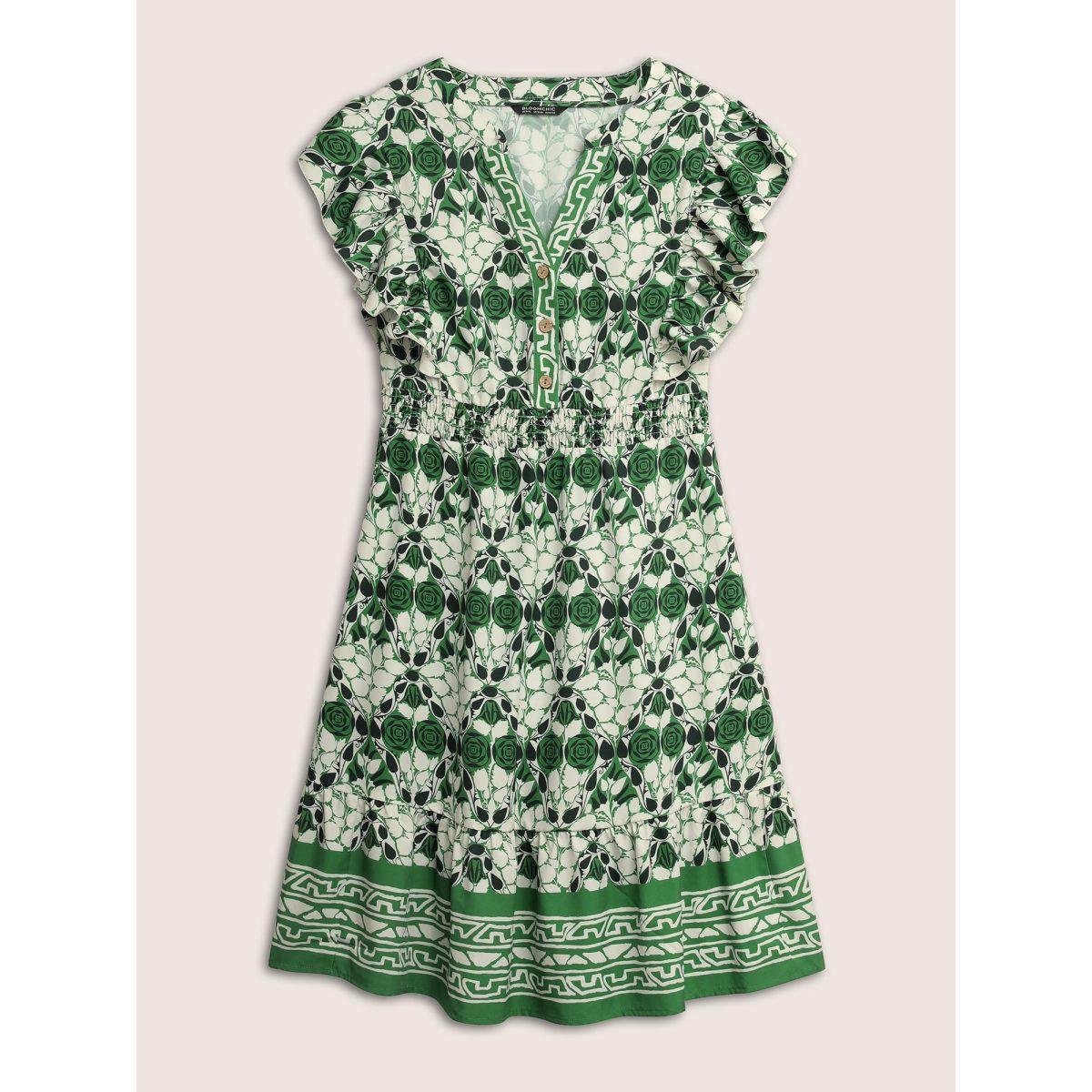 Plus Size Boho Print Ruffles Shirred Pocket Elastic Waist Dress Green Women Boho Non Notched collar Cap Sleeve Curvy Midi Dress BloomChic 12/L Product Image