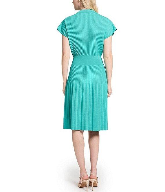 Ming Wang x Tanya Foster Ribbed Knit V-Neck Short Sleeve Fit-And-Flare Dress Product Image