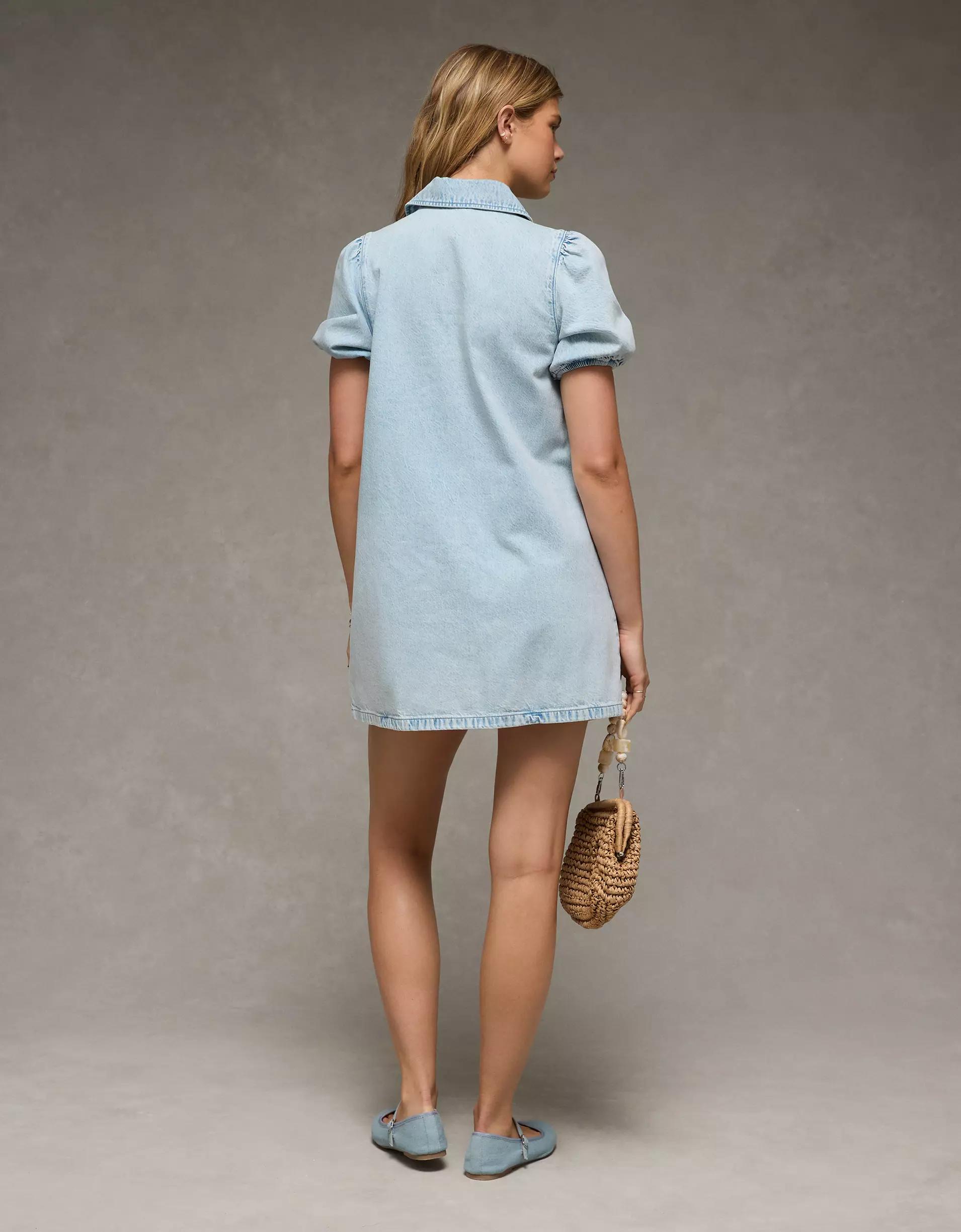 AE Collared Puff Sleeve Tie Front Denim Mini Dress Product Image