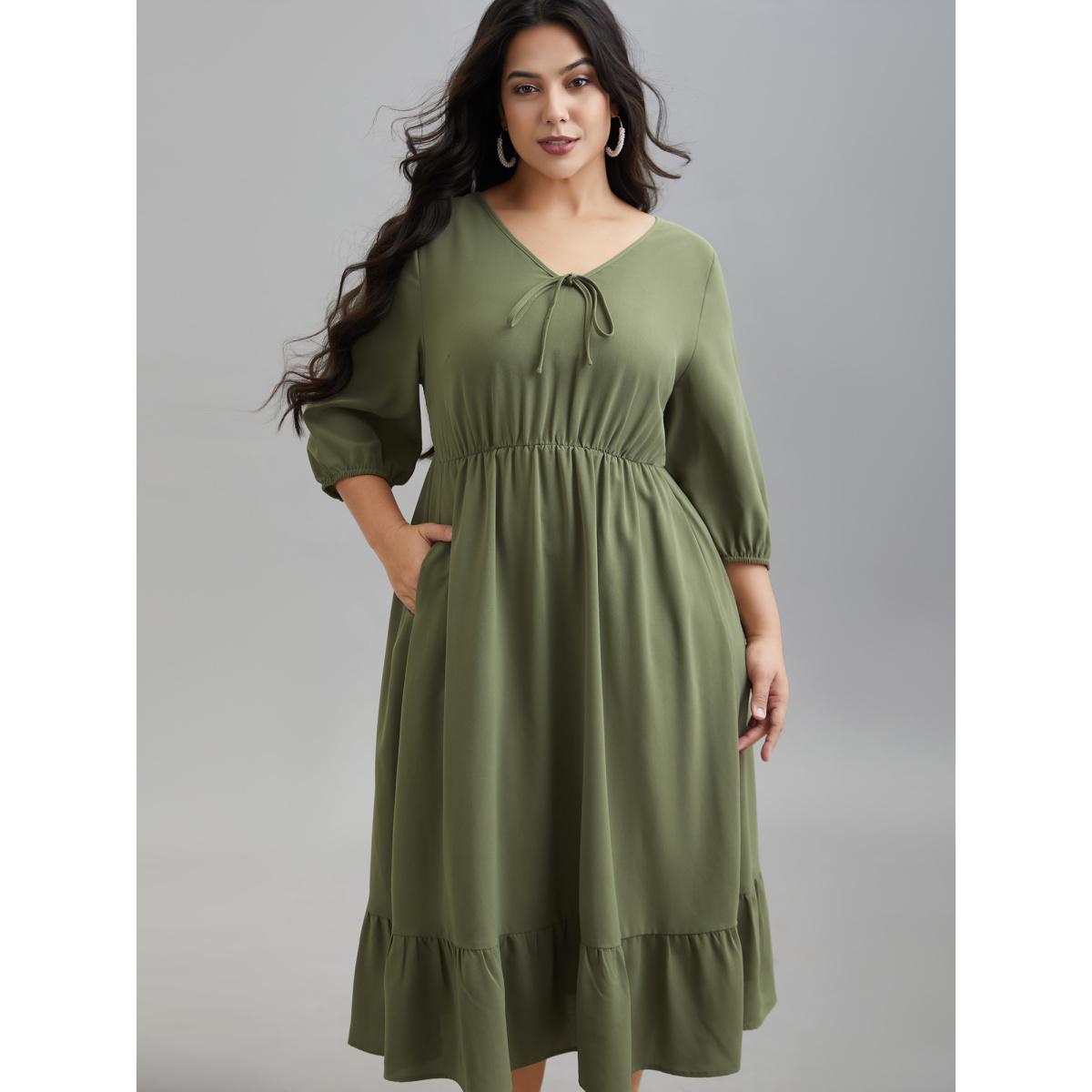 Plus Size Lantern Sleeve V-Neck Tiered Midi Dress Sage Women Elegant Tie knot V-neck Elbow-length sleeve Curvy BloomChic 22-24/3X Product Image