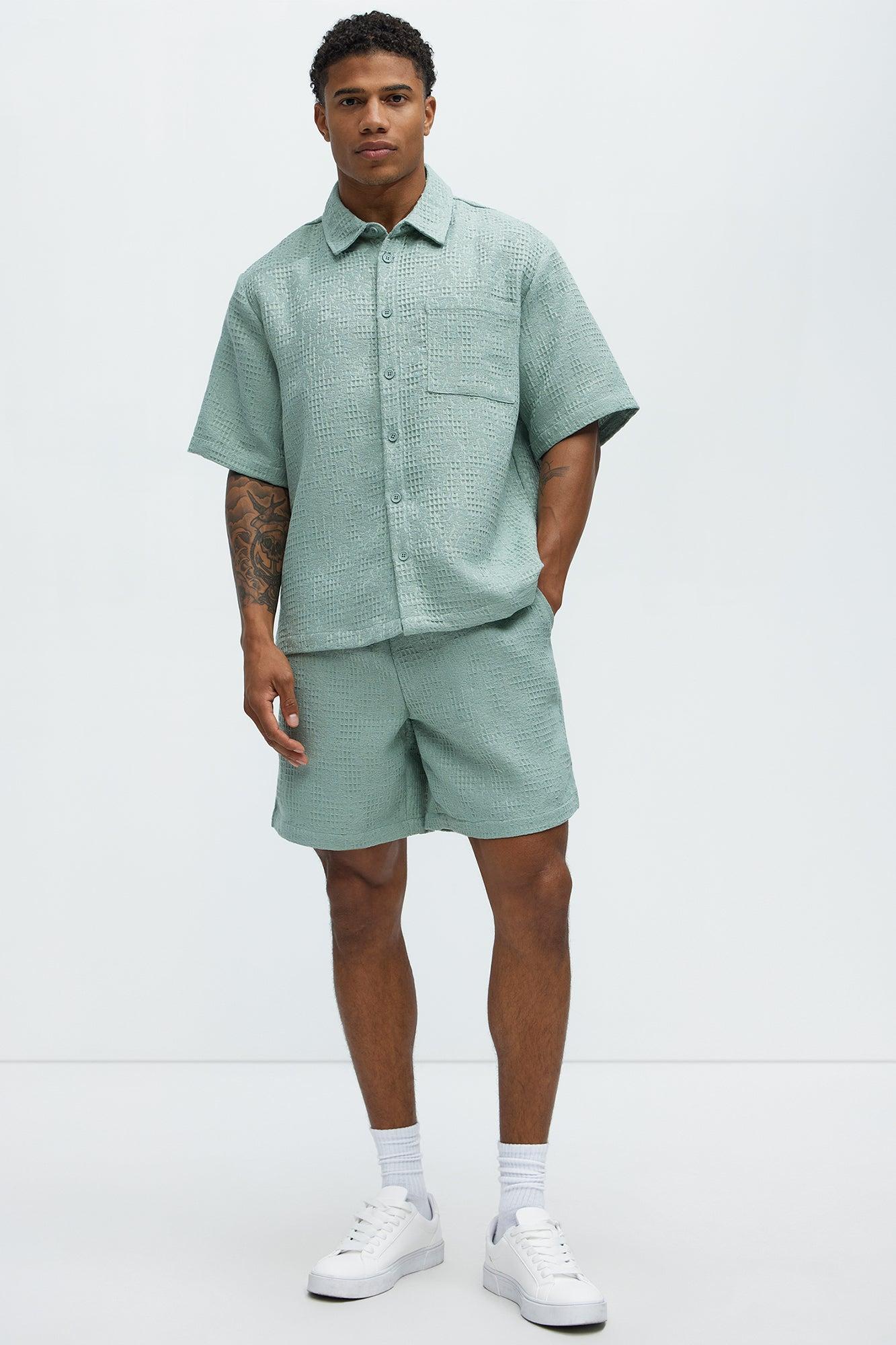 Subtle Waffle Texture Button Up Shirt - Sage Product Image