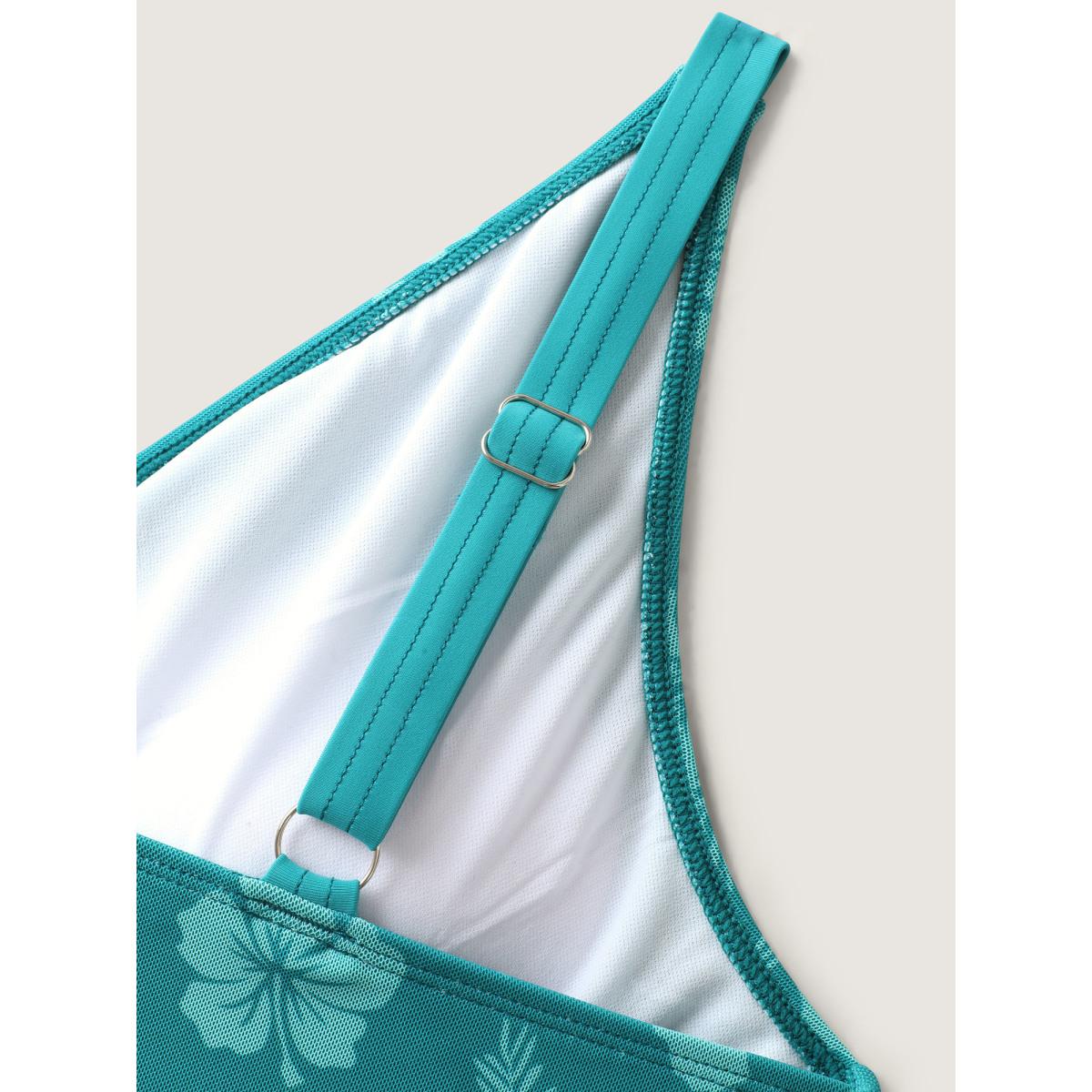 Plus Size Floral Mesh Surplice Swim Dress Women's Swimwear Teal Beach Bodycon Overlap Collar High stretch Curve Swim Dresses BloomChic 18-20/2X Product Image