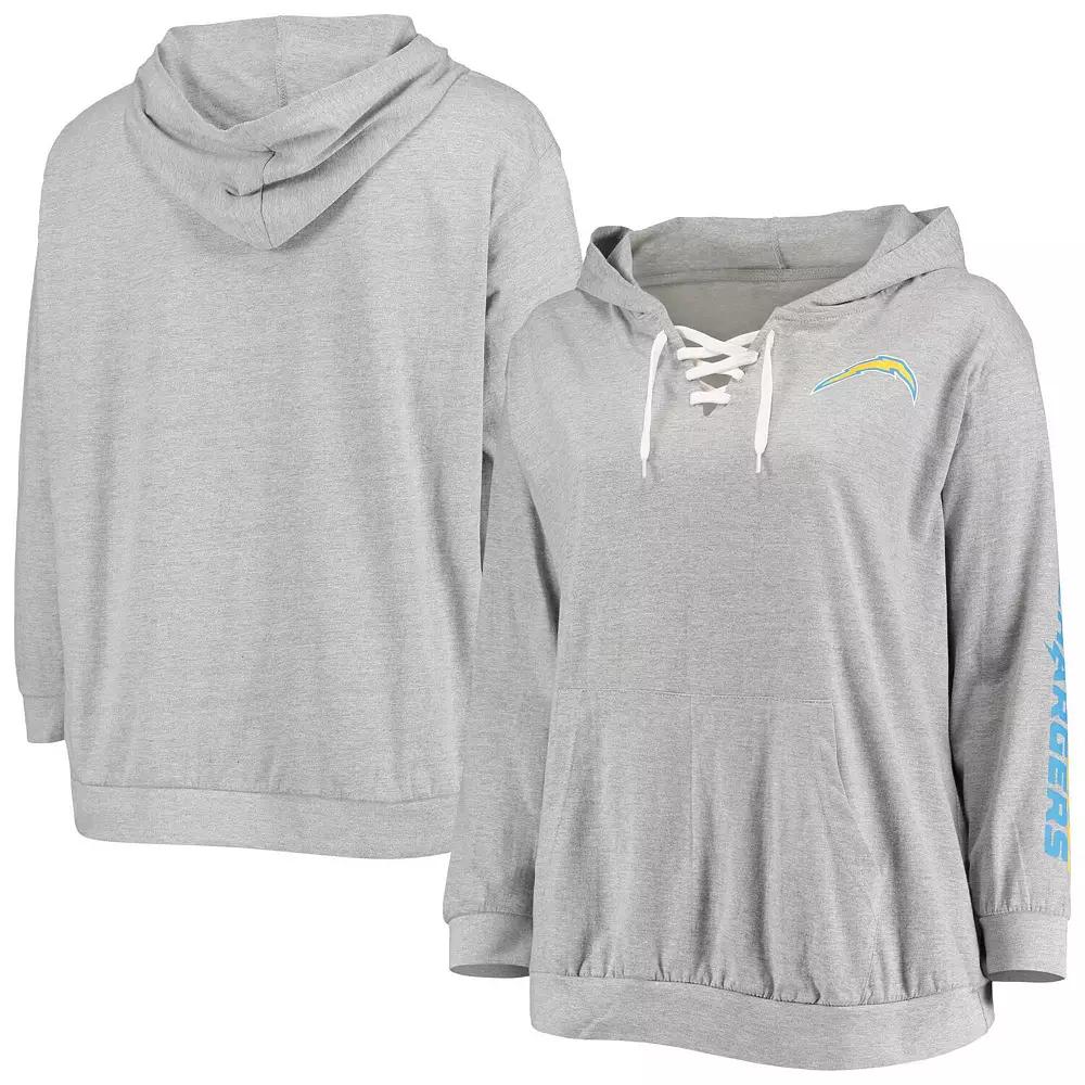 Women's Fanatics Branded Heathered Gray Los Angeles Chargers Plus Size Lace-Up Pullover Hoodie, Size: 4XL, Grey Product Image